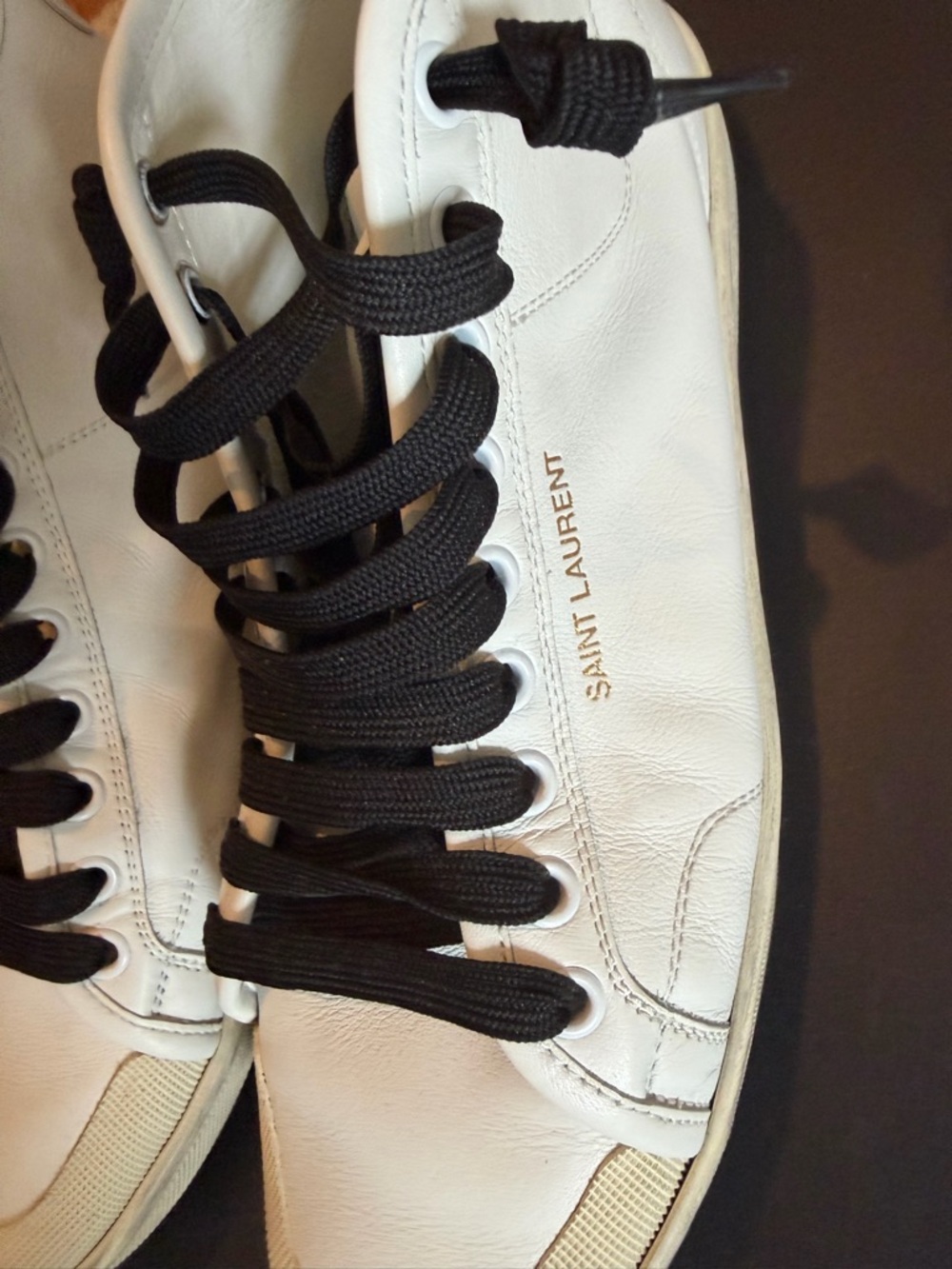 Saint Laurent White Leather Low-Top Sneakers with Black Laces and Gold Logo